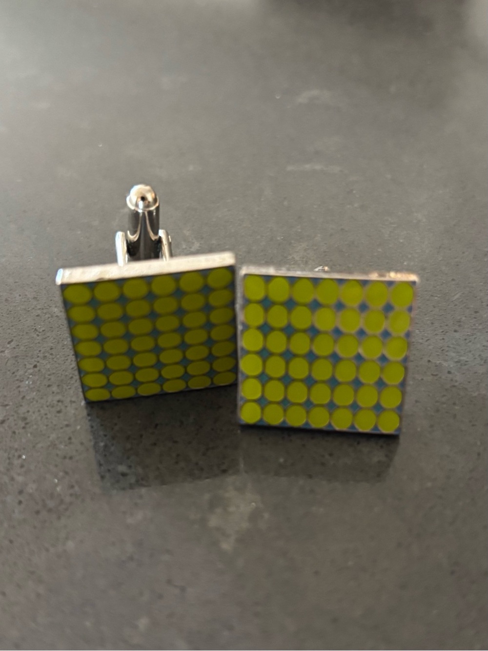 Square Yellow Green Dot Pattern Cufflinks in Silver Tone